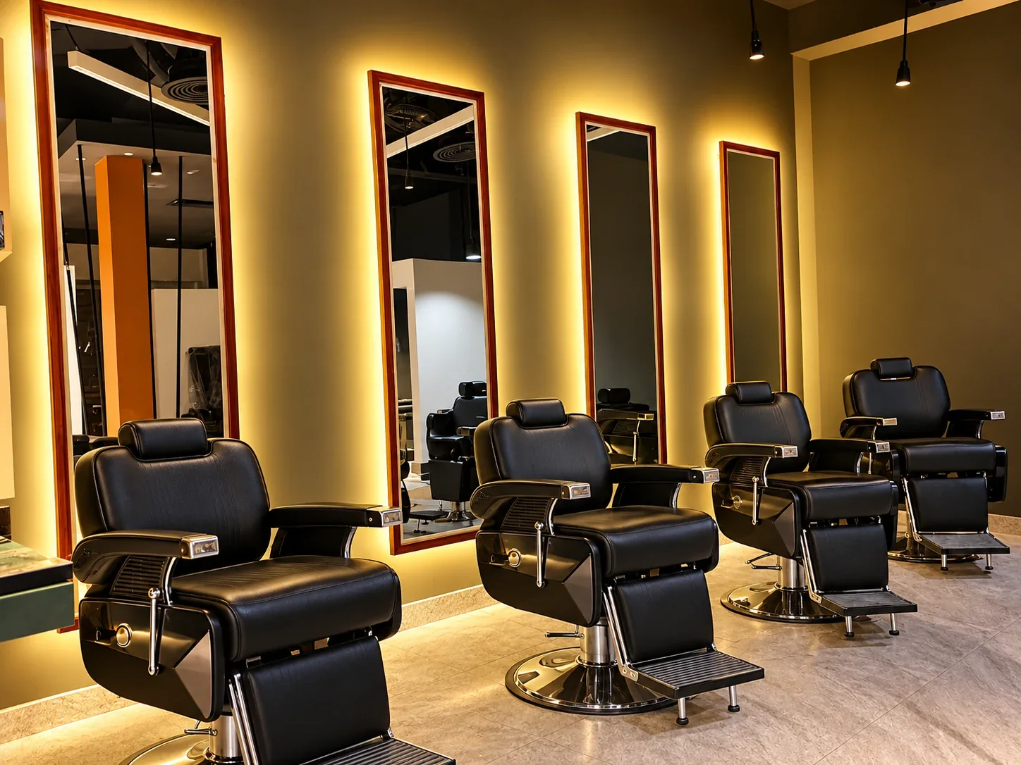 Black leather barber chairs facing tall, gold-backlit mirrors
